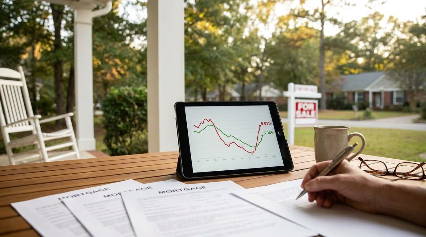 Line graph of 30-year mortgage rate chart showing rates dipping under 6% then climbing back at 6.65% through 2026.