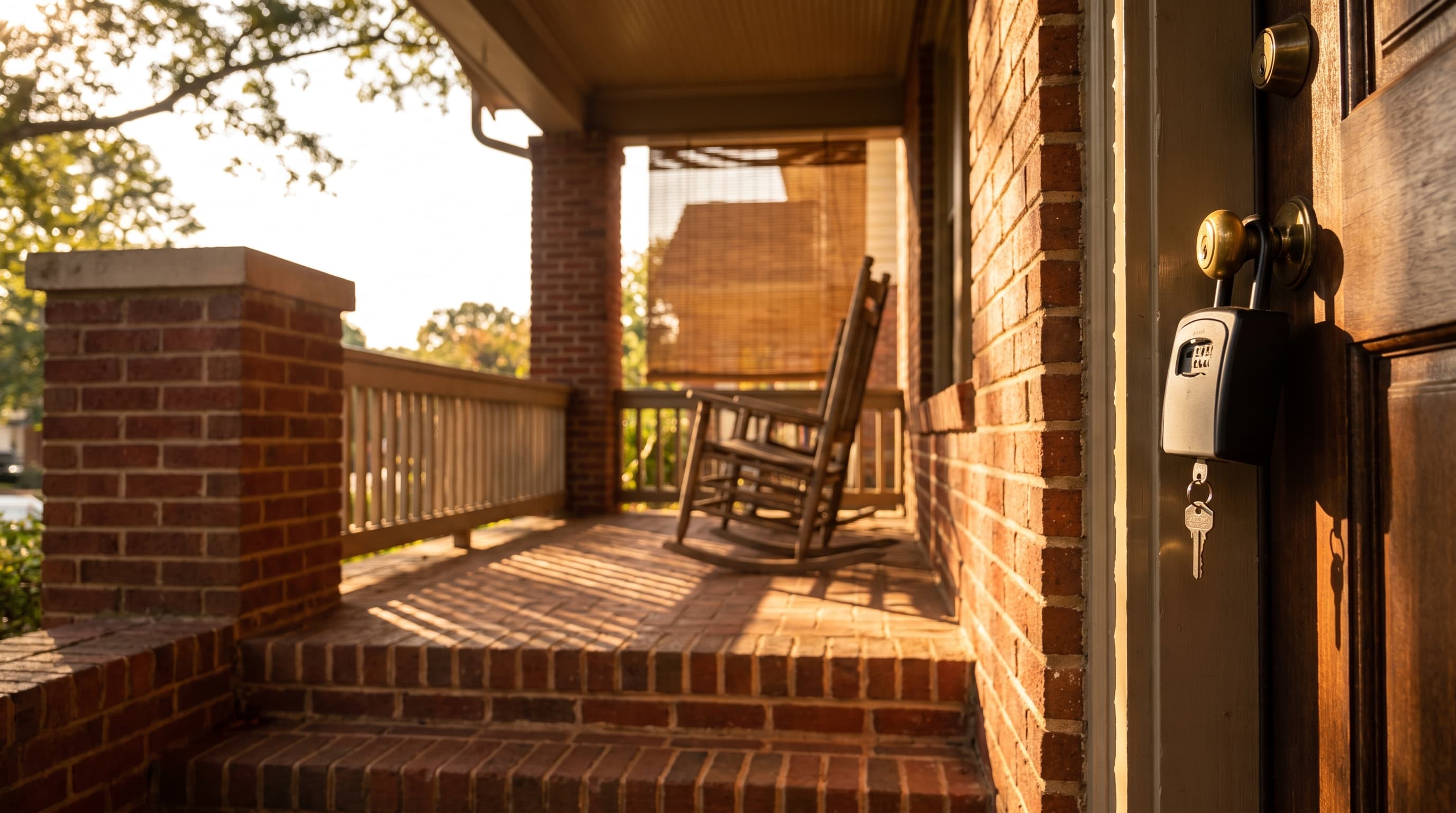 A key hangs from a lockbox on the brick-columned front door of an Atlanta porch home, lit by low golden afternoon sun with rocking chairs blurred behind.