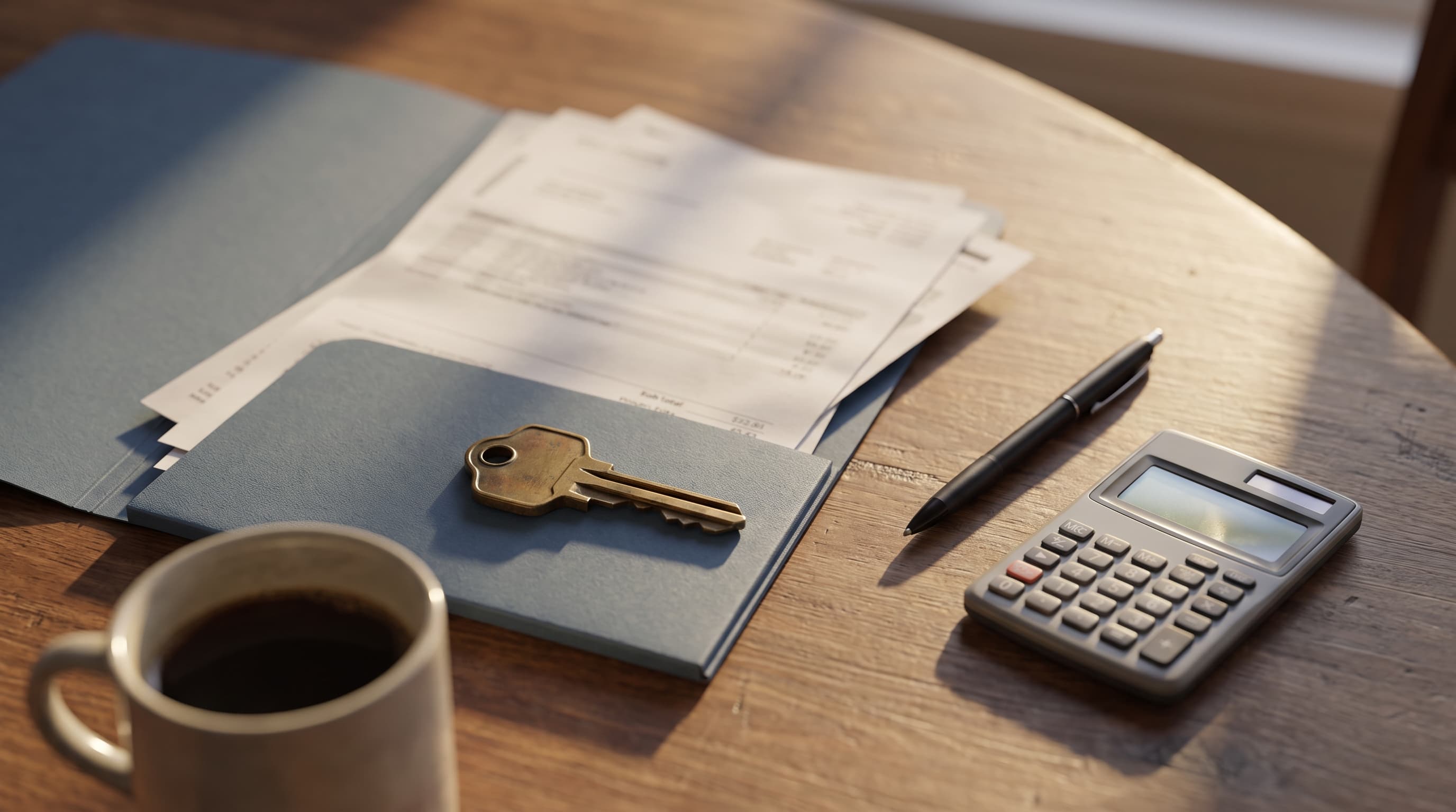 Sunlit dining table with a brass house key, pen, and calculator resting beside a softly blurred stack of mortgage statement papers.