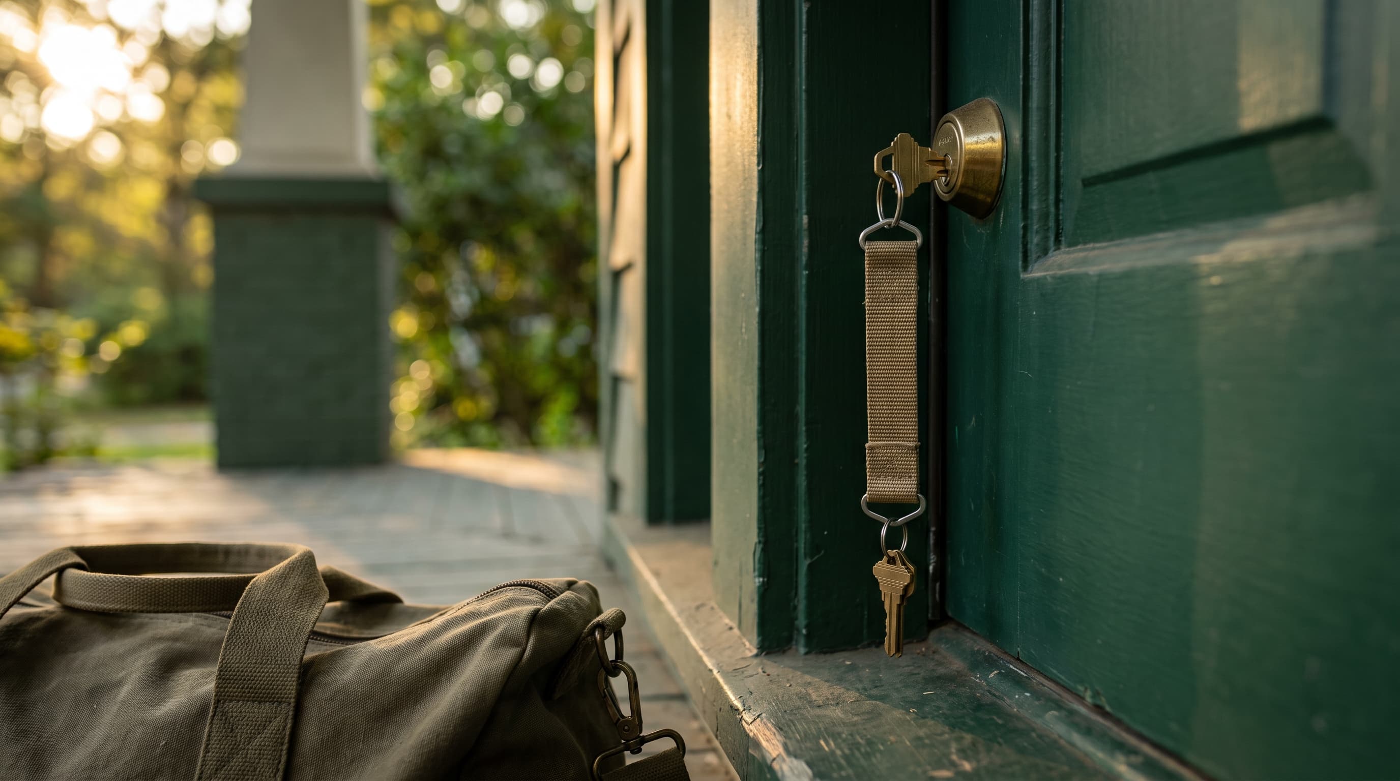 A brass house key turned in the deadbolt of a green wooden front door, with a tan webbing lanyard hanging from the ring and a duffel bag strap resting on the porch boards.