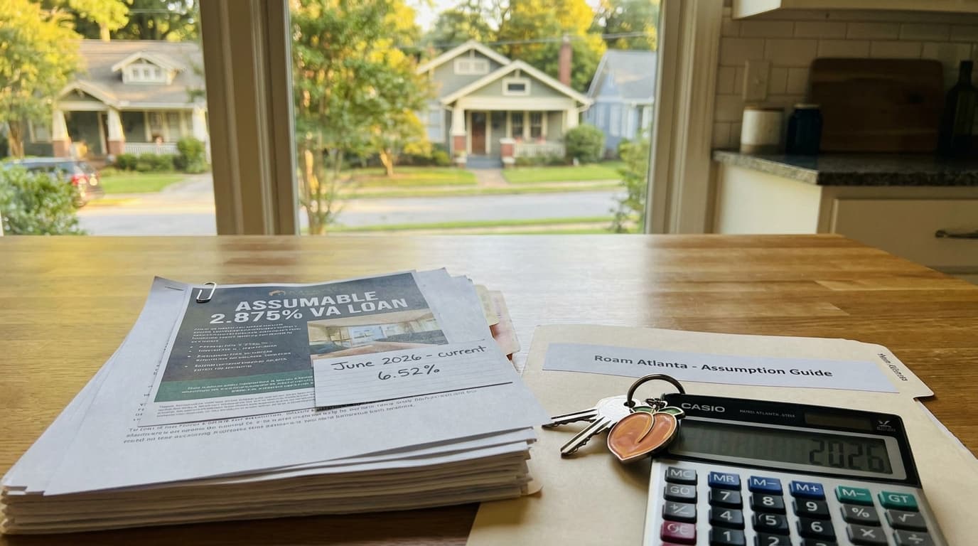A Marietta, Georgia yard sign advertising assumable VA and FHA mortgages from 2020-2021 at sub-3% rates.