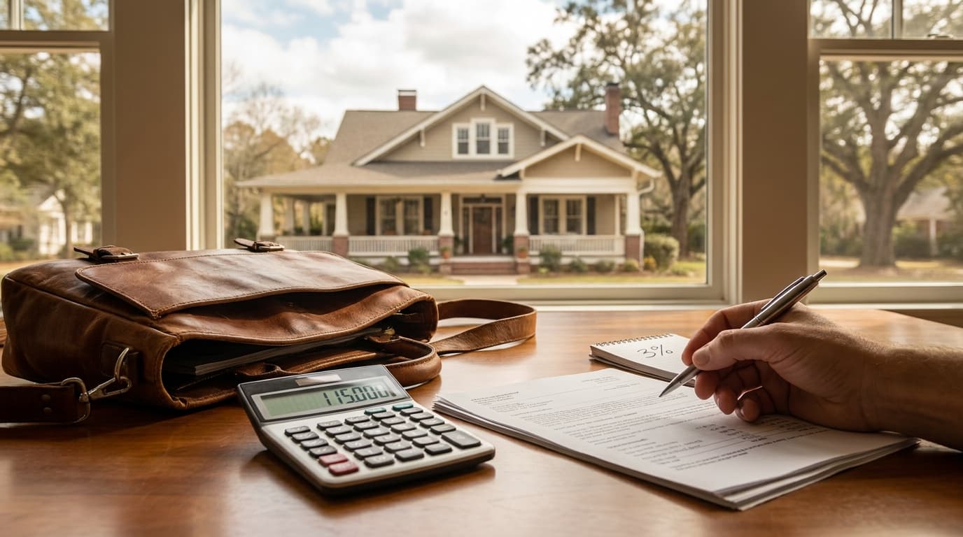 Georgia house exterior with a for-sale sign noting an assumable VA loan at 3% next to a calculator and mortgage paperwork.