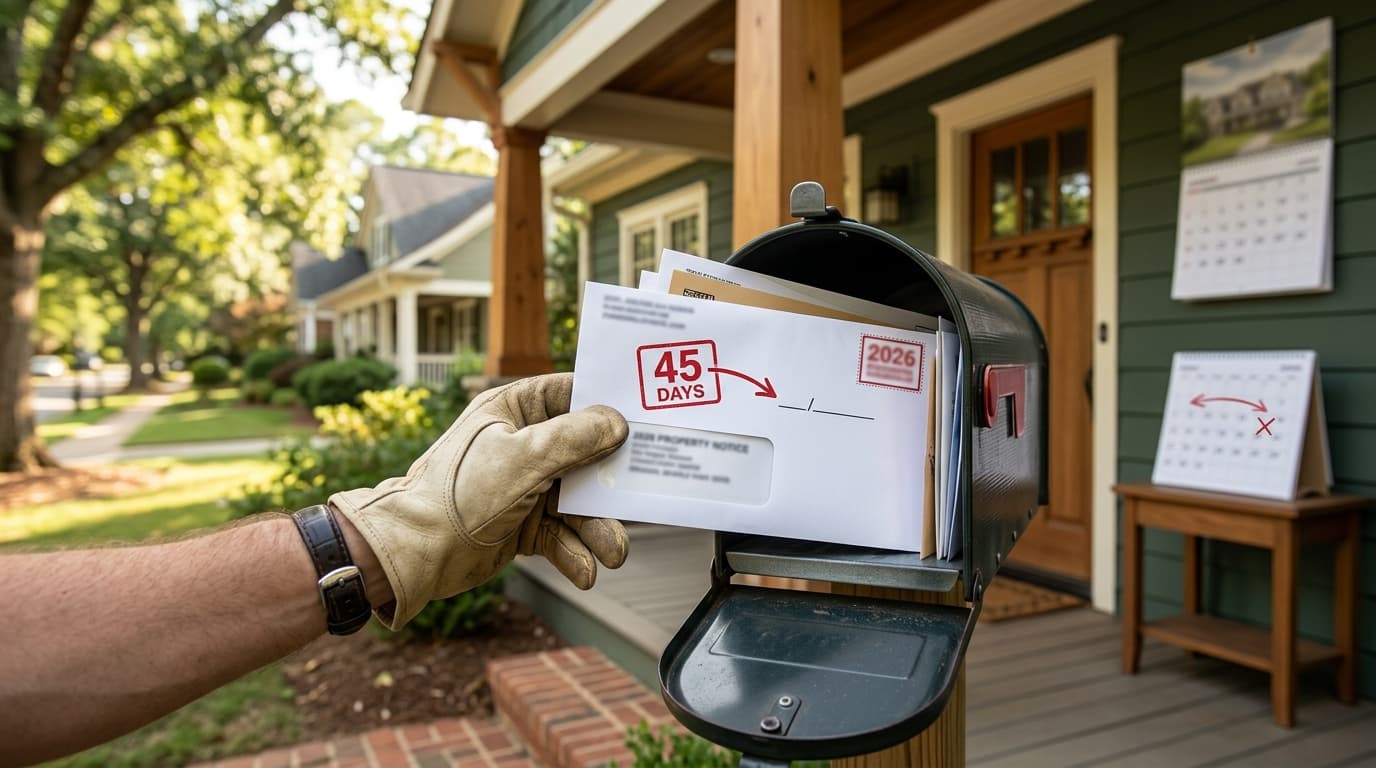 Photo of a Georgia property tax assessment notice envelope on a kitchen counter, highlighting the 45-day window to appeal.