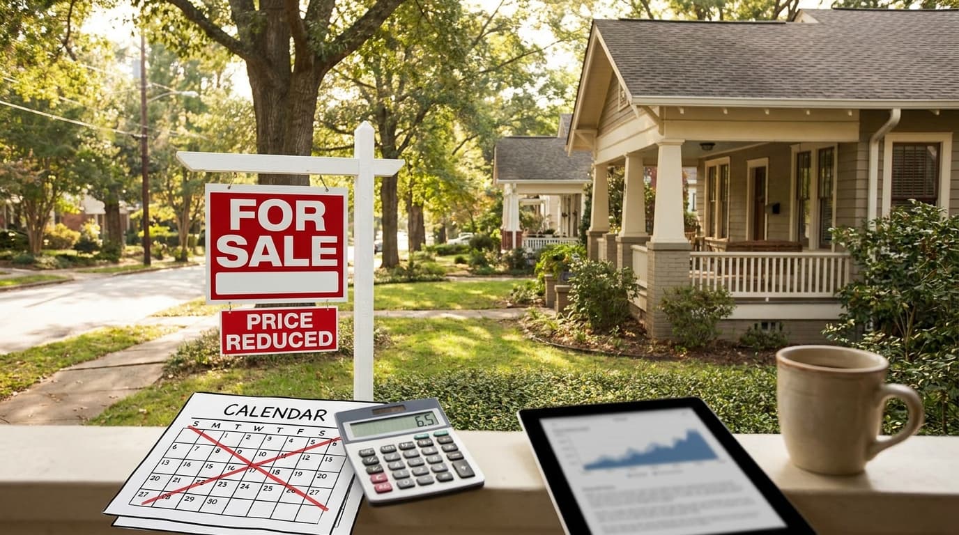 A 'Price Reduced' yard sign outside an Atlanta home, illustrating metro Atlanta price cuts amid rising housing inventory.