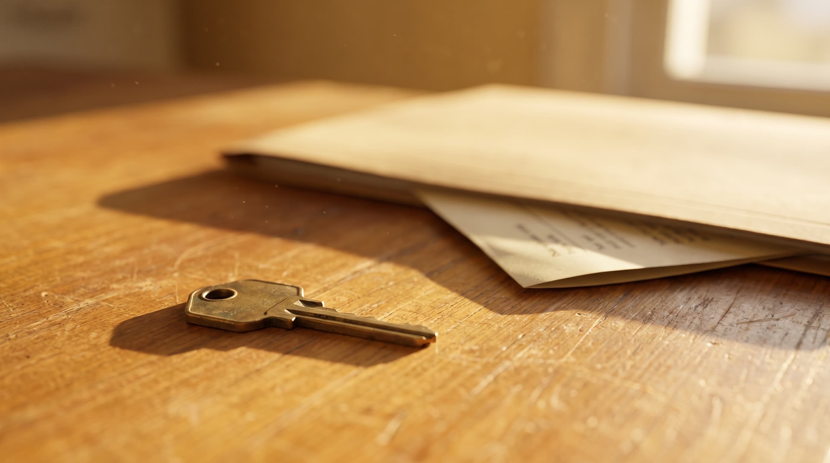 A brass house key on a sunlit wood counter beside the closed edge of a manila folder, soft morning light and shallow focus.