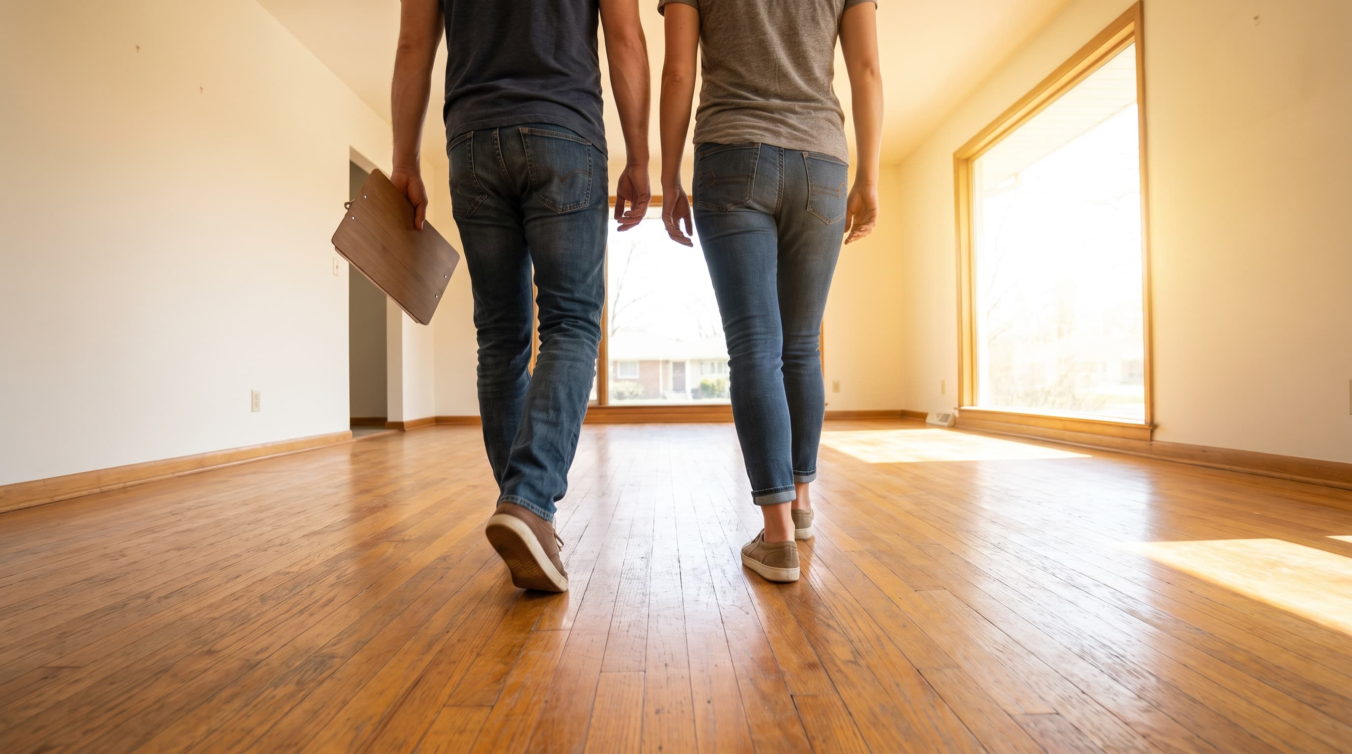 A couple seen from behind walking into an empty, sunlit room with bare wood floors and tall windows.