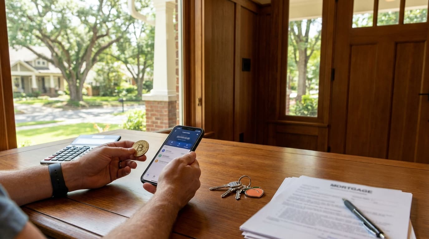 Illustration of a Georgia house key next to a Bitcoin coin, symbolizing a crypto-backed mortgage down payment option.