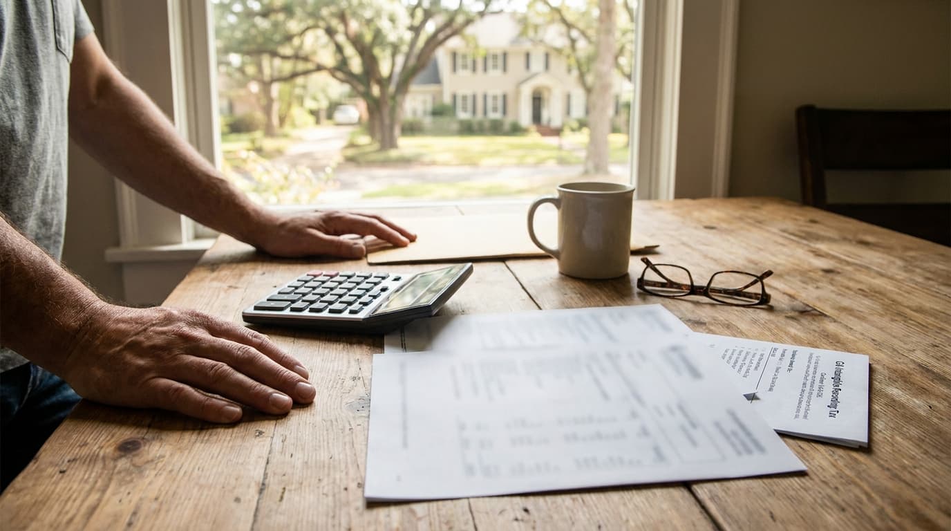 Georgia homeowner reviewing a 15-year refinance rate comparison chart with a calculator and mortgage documents on a desk.