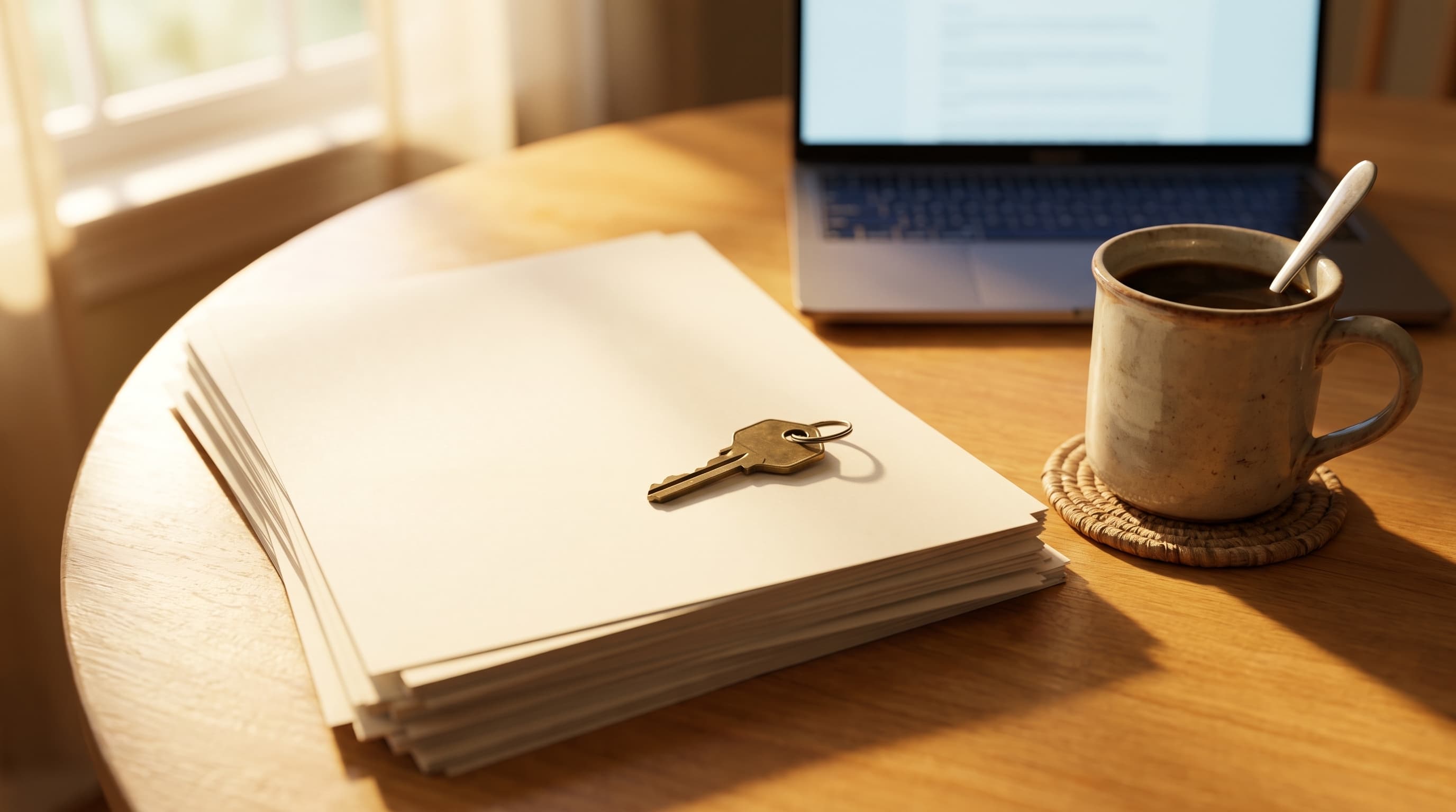 A wooden kitchen table in warm morning light holds a stack of blank papers topped with a brass house key, a coffee mug, and the blurred edge of an open laptop.