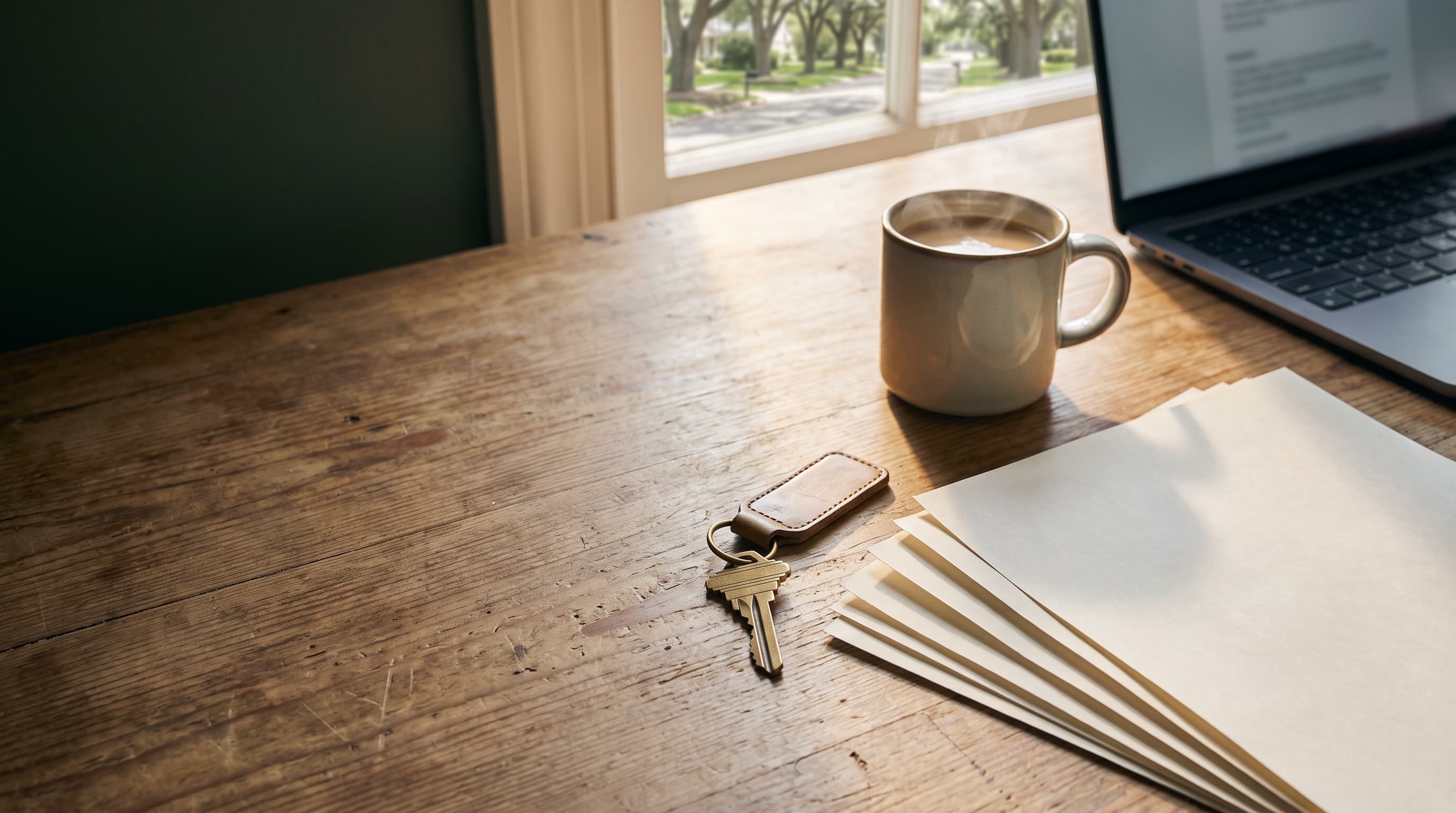 A house key and steaming coffee mug beside a fanned stack of blank paperwork on a sunlit wooden kitchen table.