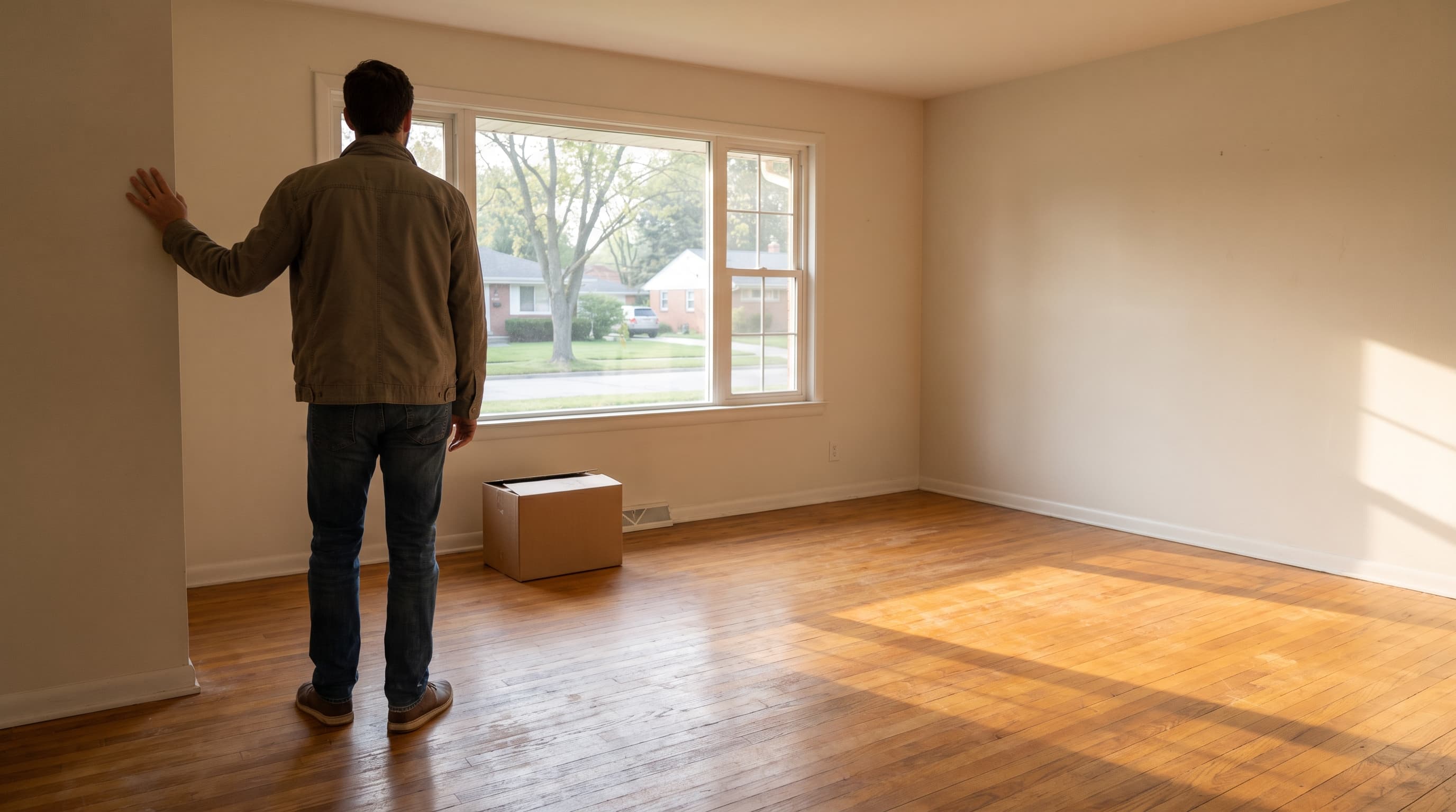 A person stands with their back to the camera in an empty, sunlit living room, looking out a bare window toward a tree-lined street.