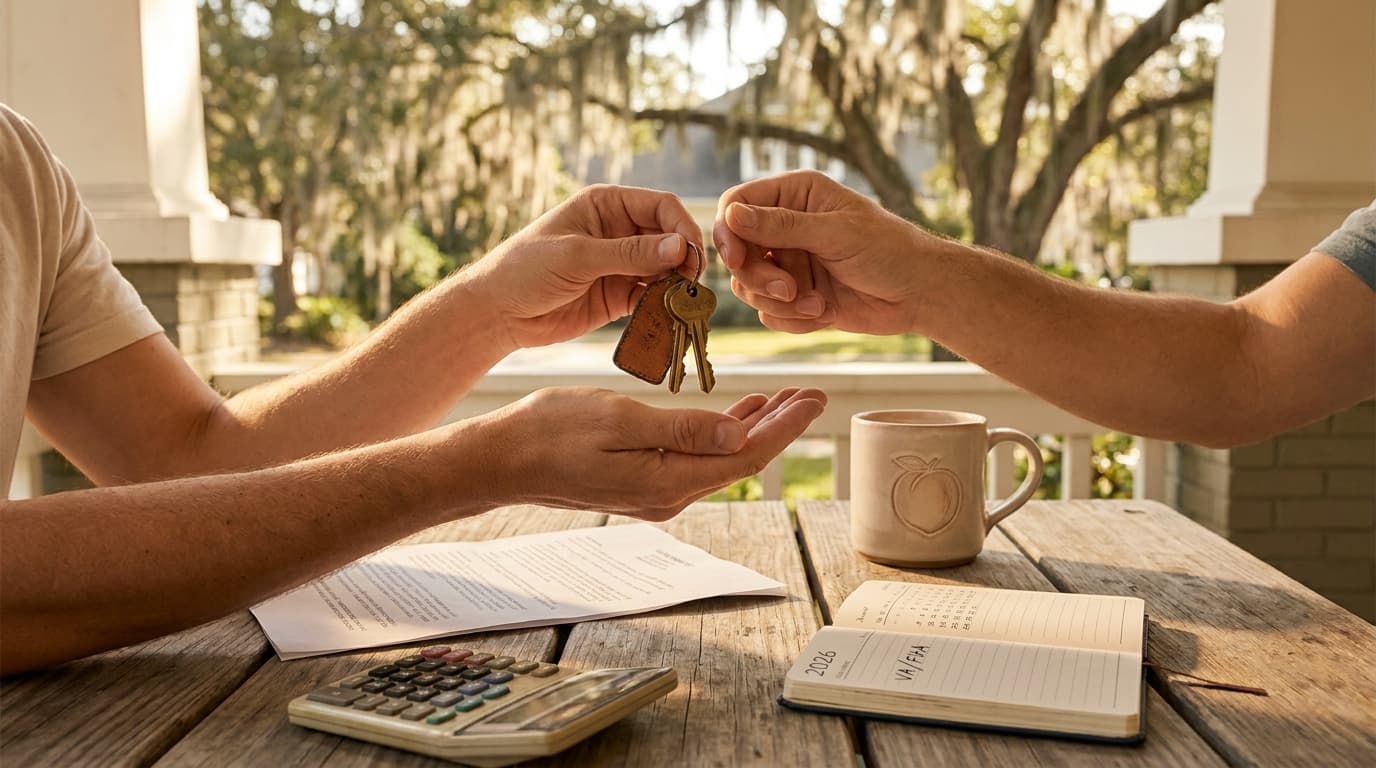 Georgia veteran homeowner and buyer reviewing VA loan paperwork, illustrating the VA entitlement trap in mortgage assumption.