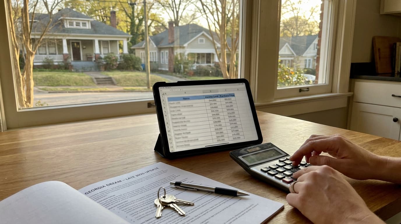 Atlanta first-time homebuyers reviewing Georgia Dream loan matrices and down payment assistance paperwork at a kitchen table.