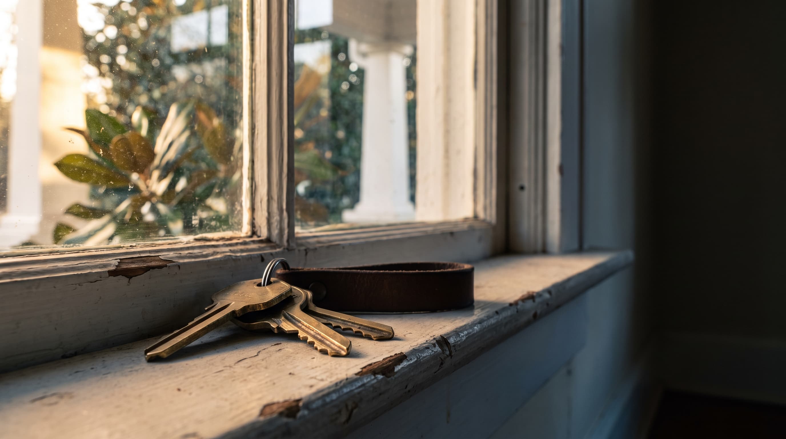 Two brass house keys on a leather fob resting on a weathered wooden windowsill, with magnolia leaves and a porch column softly blurred outside.