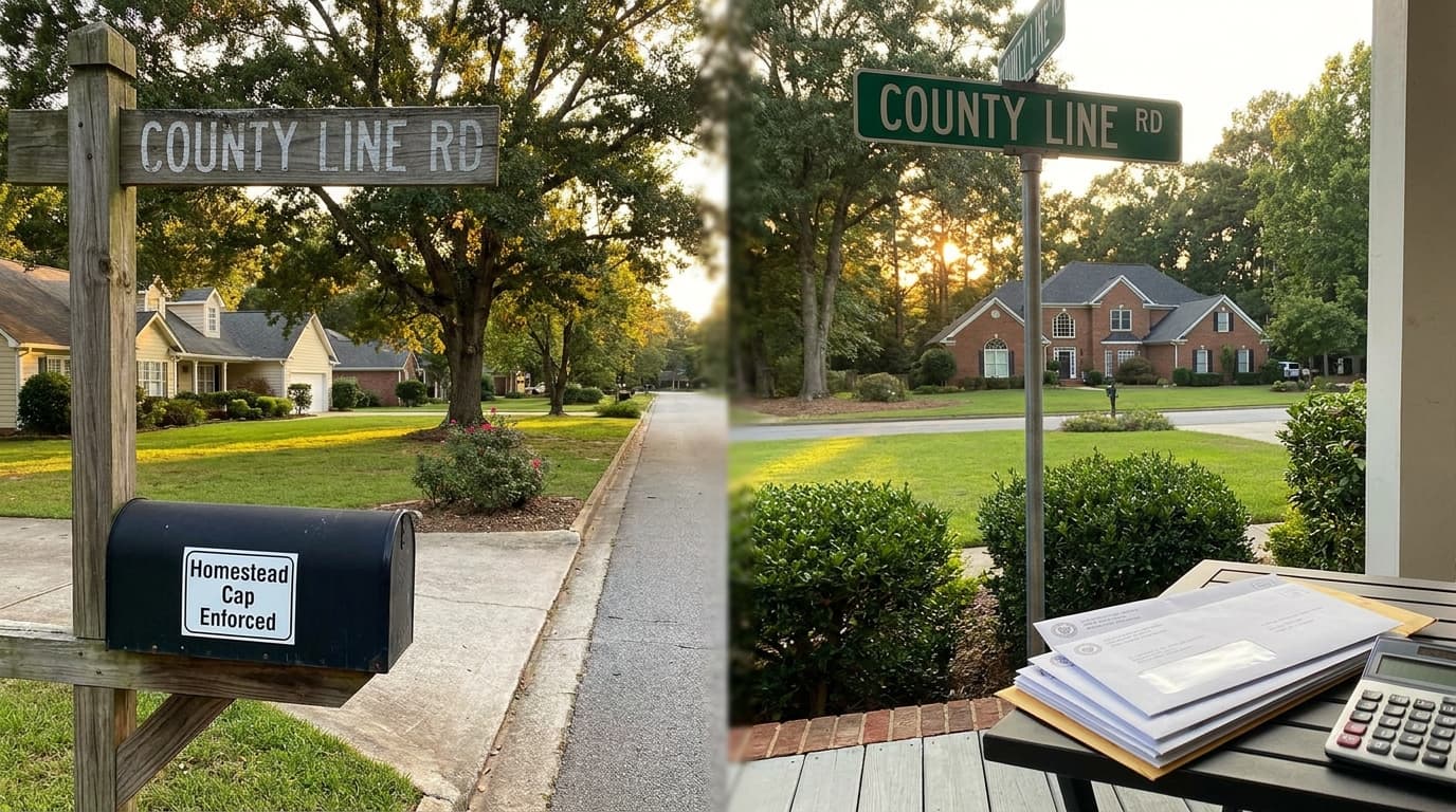 Two similar Georgia homes illustrating the floating homestead exemption's uneven county-by-county tax cap under HB 581