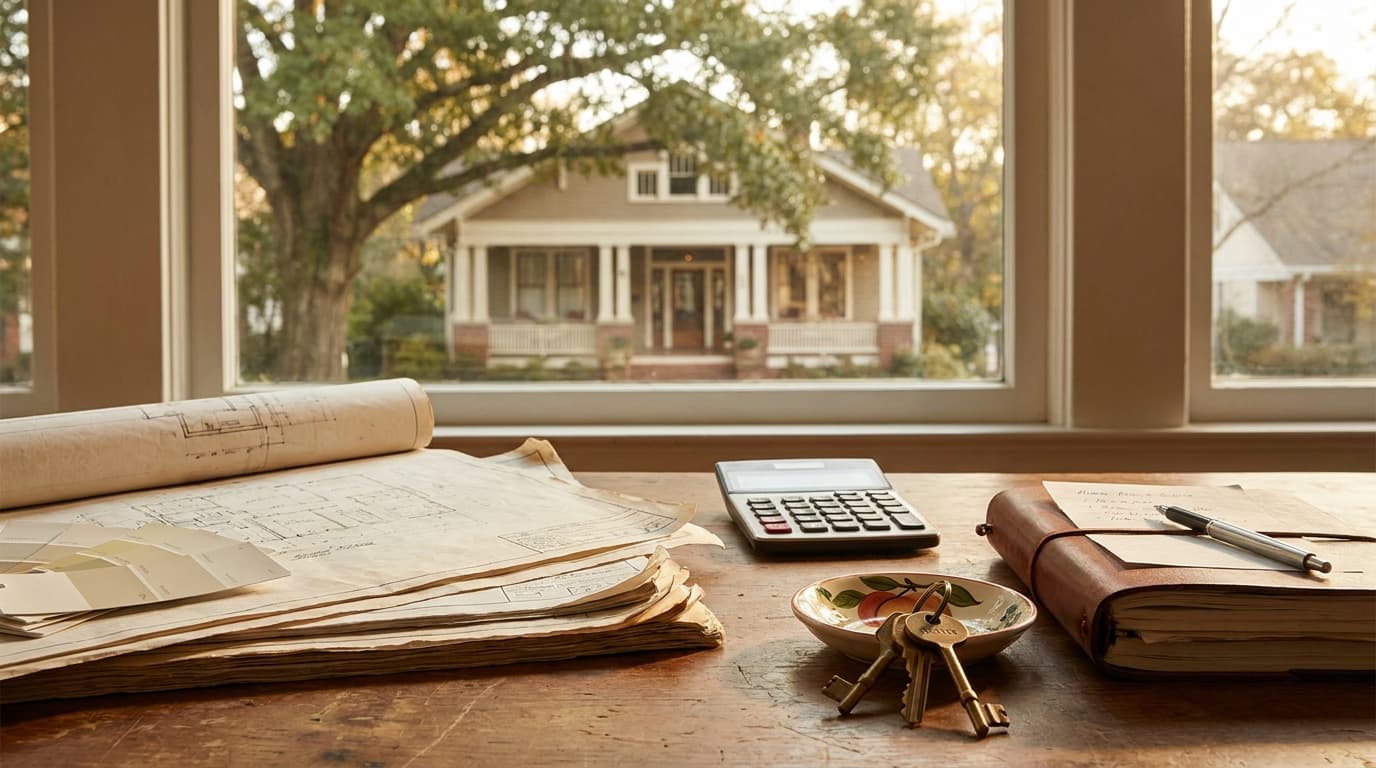 Georgia homeowner reviewing a cash-out refinance offer next to a HELOC statement at a kitchen table with mortgage paperwork.