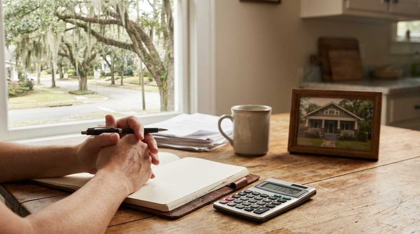 A Georgia couple reviewing mortgage paperwork and a calculator, illustrating the income you need to buy a home in 2026.