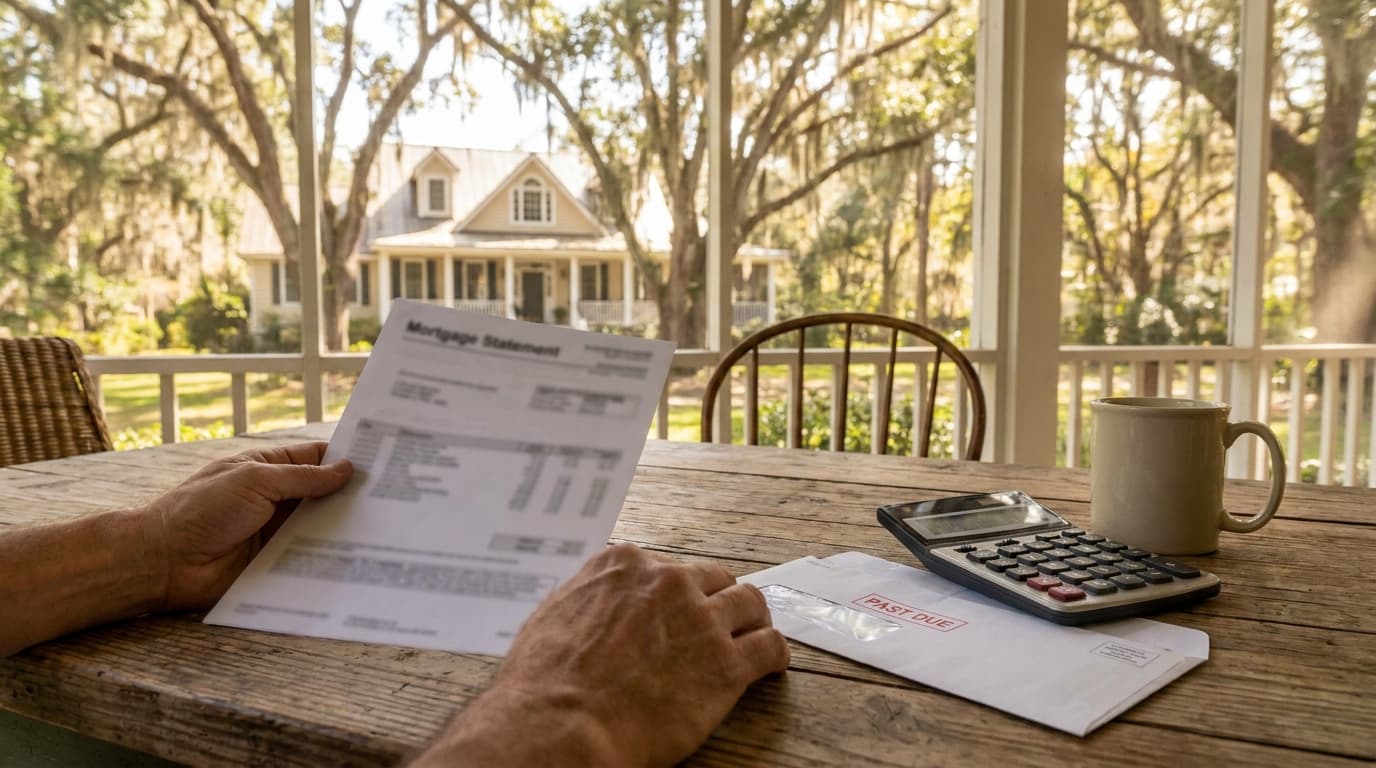 Georgia homeowner reviewing a mortgage statement with rising insurance hikes and higher escrow payment.