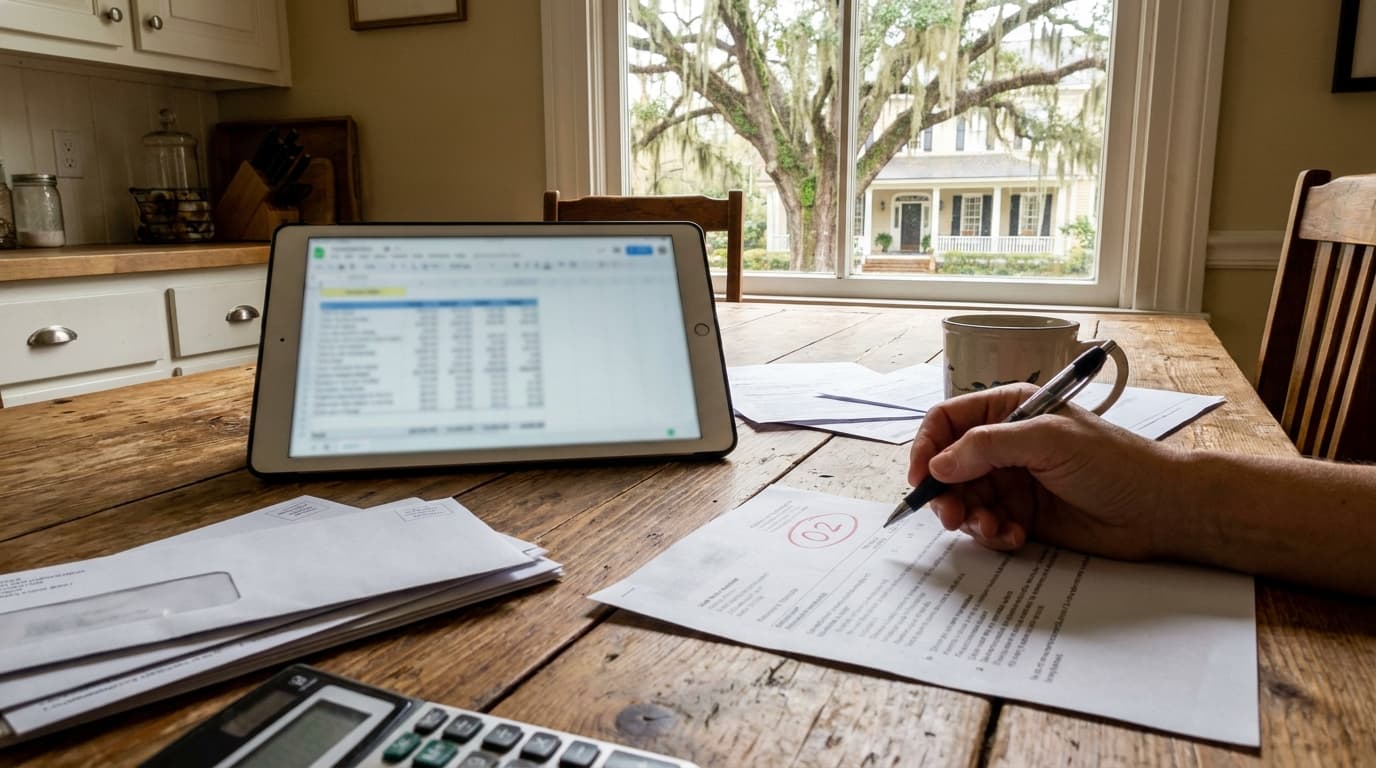 Closing table with a Georgia home insurance premiums quote and mortgage Loan Estimate document side by side