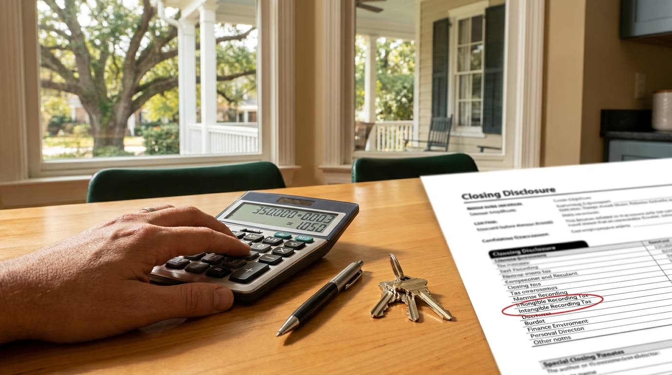 Closing Disclosure document highlighting the Georgia intangible recording tax line item next to a calculator and house keys.