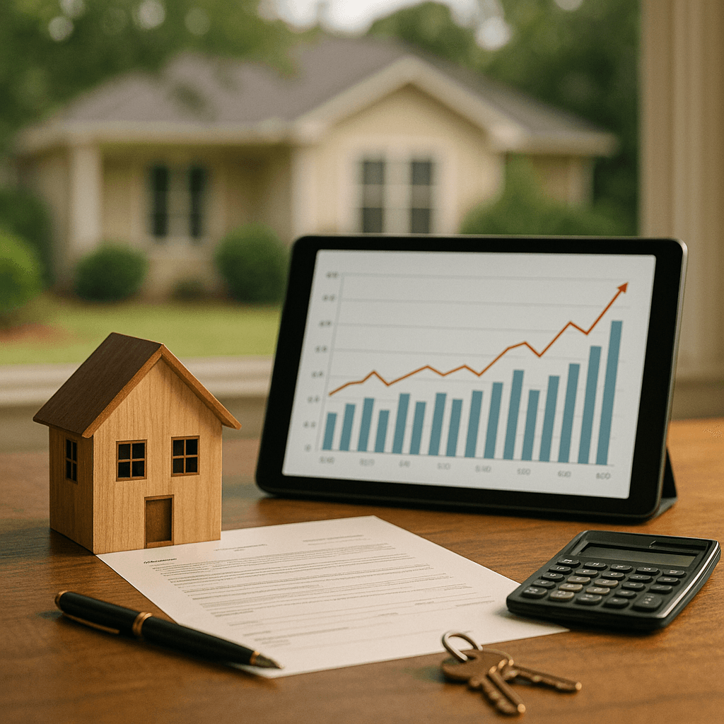 Line chart showing mortgage rates five-week high at 6.46% with a Georgia state map overlay and a house key icon