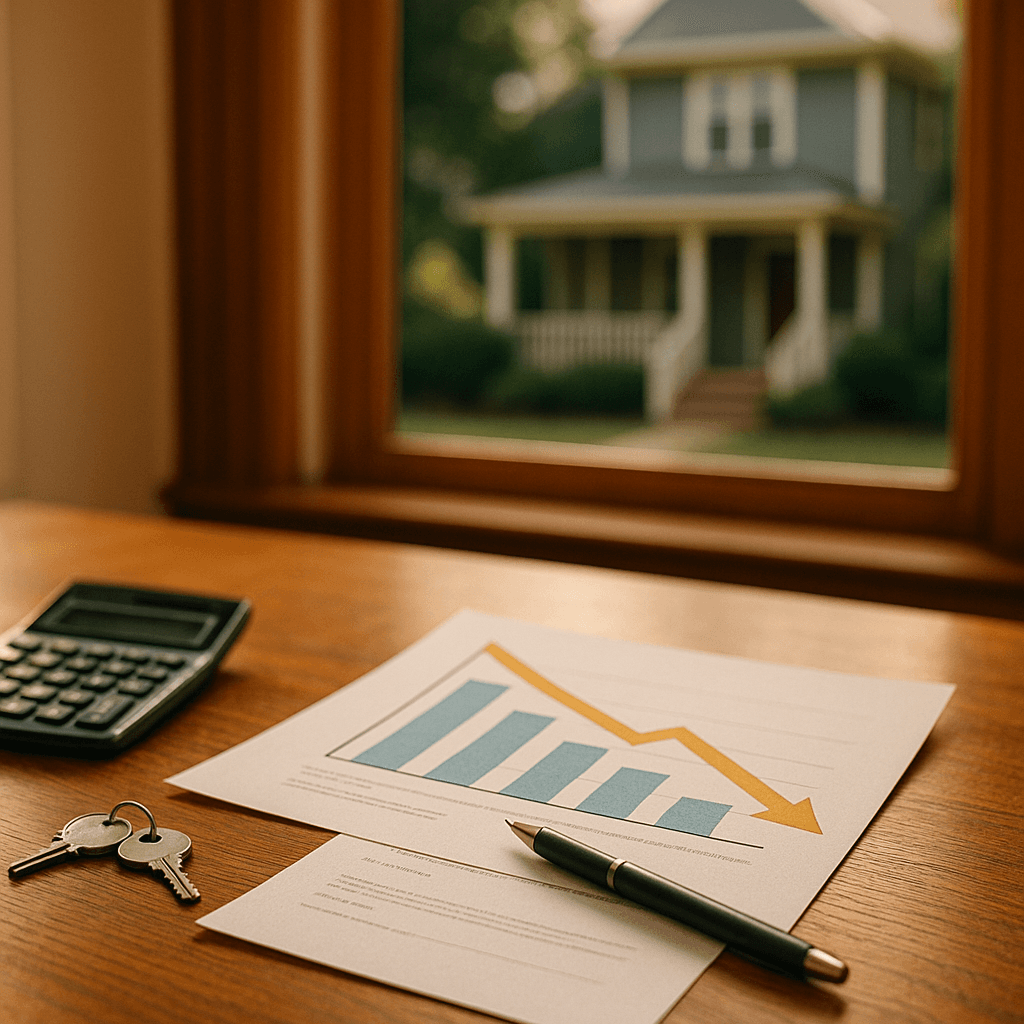 Line graph showing Georgia mortgage rates trending down from 6.6% toward 6.36%, with a house and calculator icon
