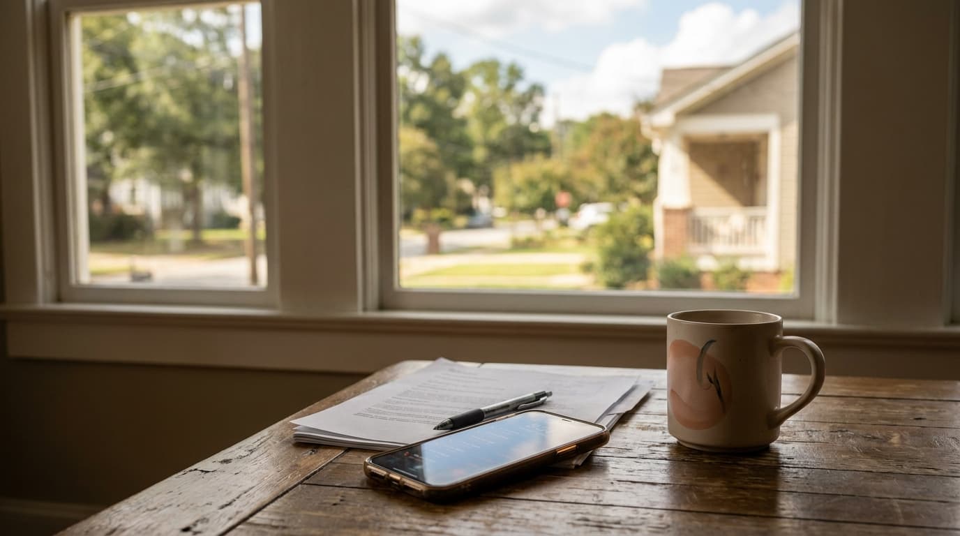 Georgia homeowner ignoring a flood of trigger lead spam calls lighting up a smartphone screen at the kitchen table