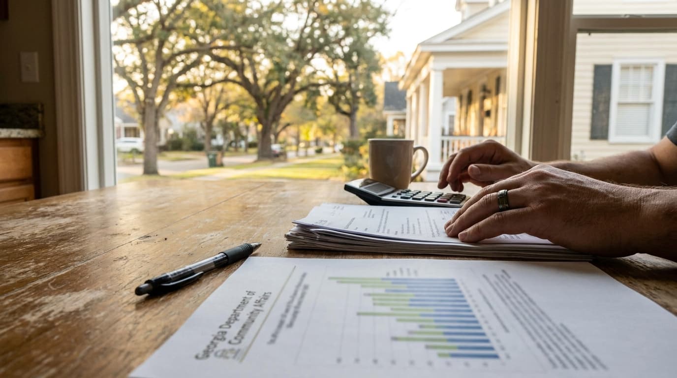 Split-screen graphic comparing Georgia's Peach Select VA rate of 4.875% against the 6.43% national VA mortgage rate.