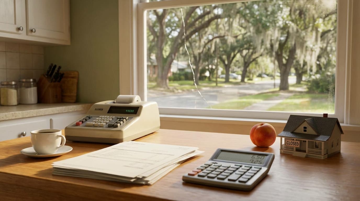 Georgia homeowner reviewing a refinance break-even math worksheet next to a house key and mortgage rate chart
