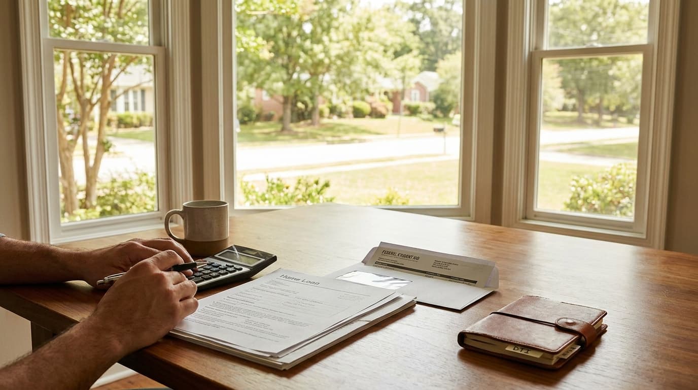 Georgia homebuyer holding a mortgage denial letter beside a student loan bill, denied over student loans amid 2026 changes.