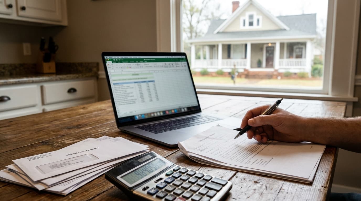 Georgia homebuyer reviewing a credit report showing rising student loan payments as SAVE plan forbearance ends at closing.