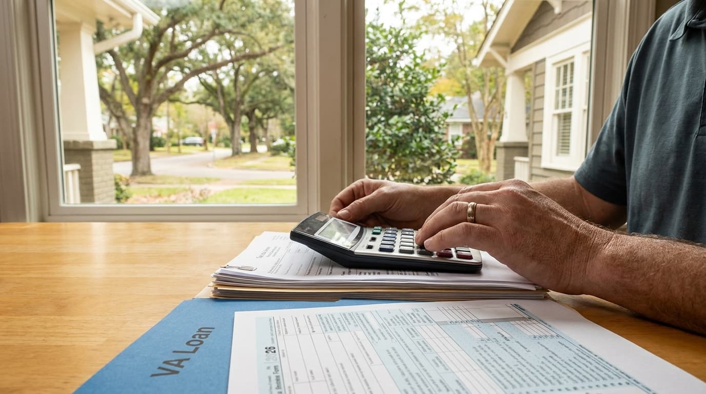 Georgia veteran couple reviewing mortgage paperwork with a VA funding fee tax deduction worksheet at the kitchen table.