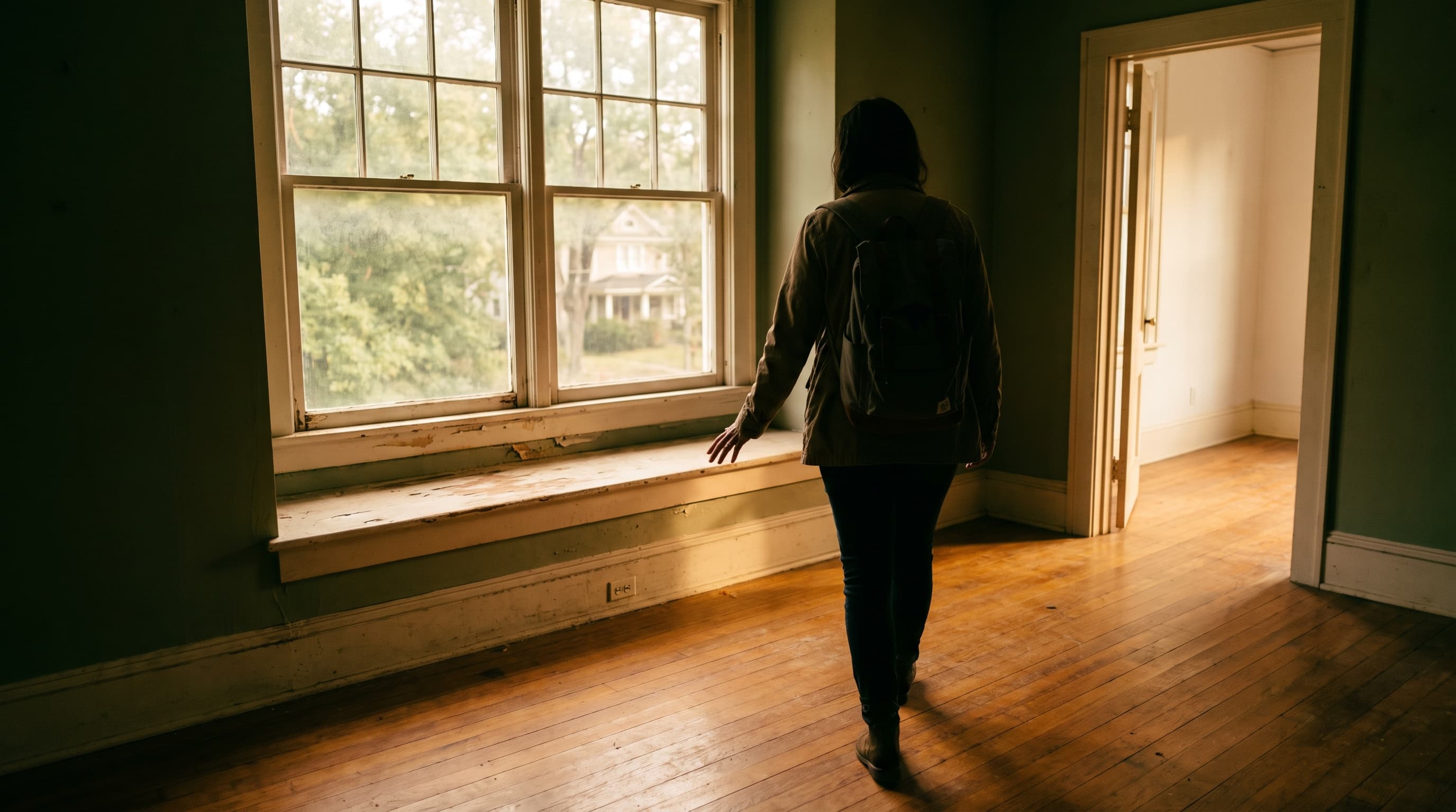 A person seen from behind walking slowly through an empty, sunlit living room with bare wood floors, trailing a hand along a window ledge.