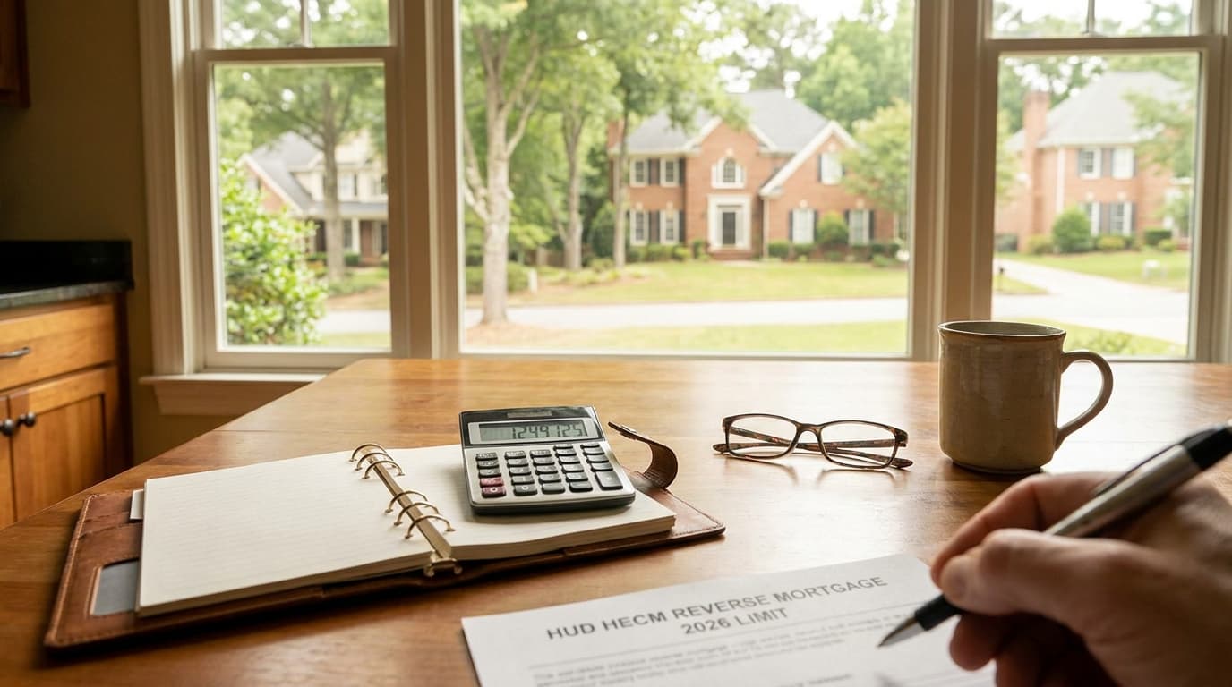 Photo of a Cobb County Georgia home with a document showing the HECM reverse mortgage limit 2026 figure of $1,249,125