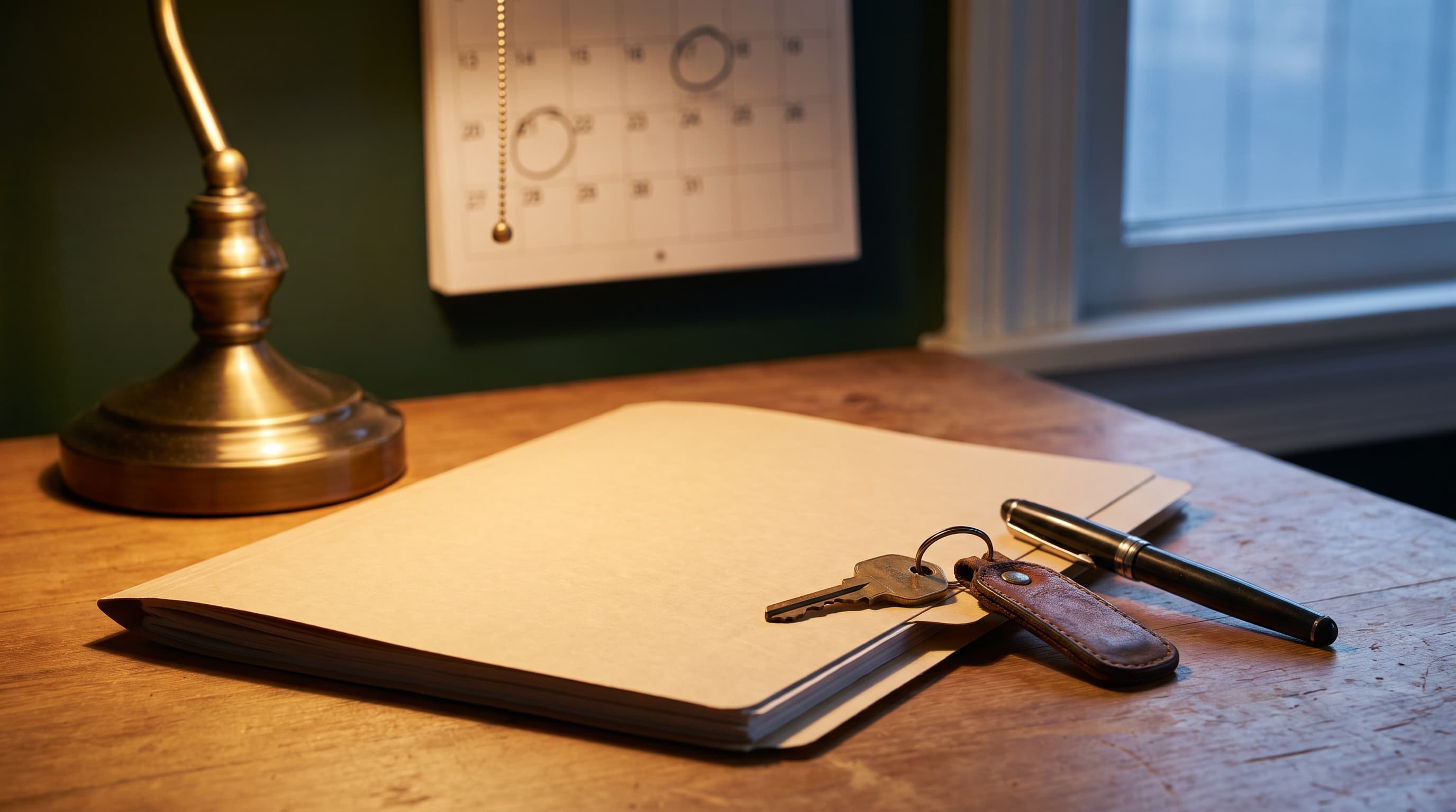 A house key and fountain pen resting on a closed document under warm desk light, with a blurred calendar in the background