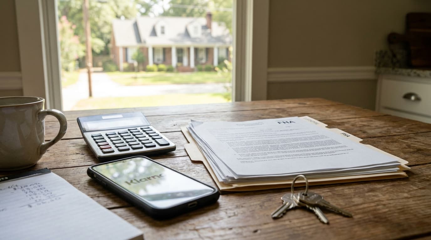 Georgia homebuyer reviewing Klarna and Affirm balances on a phone next to FHA mortgage paperwork and a calculator.