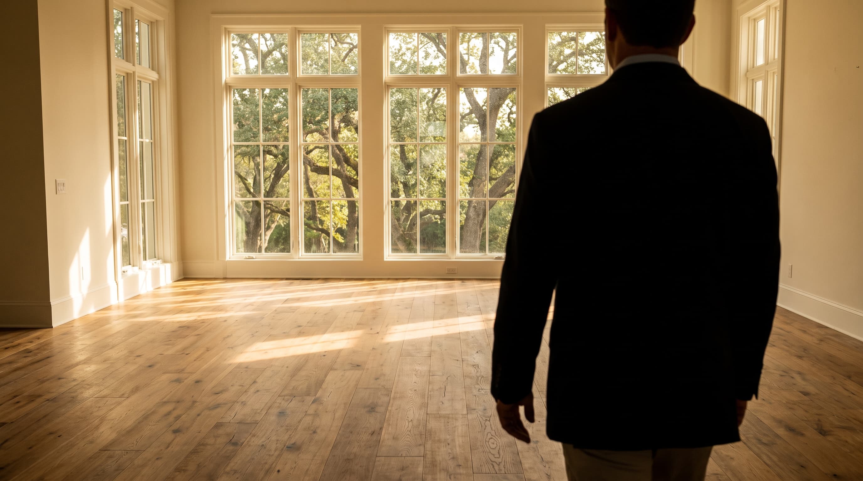 A person's back and shoulder as they walk through a sunlit, unfurnished great room with wide-plank wood floors and a wall of tall windows overlooking mature trees outside.
