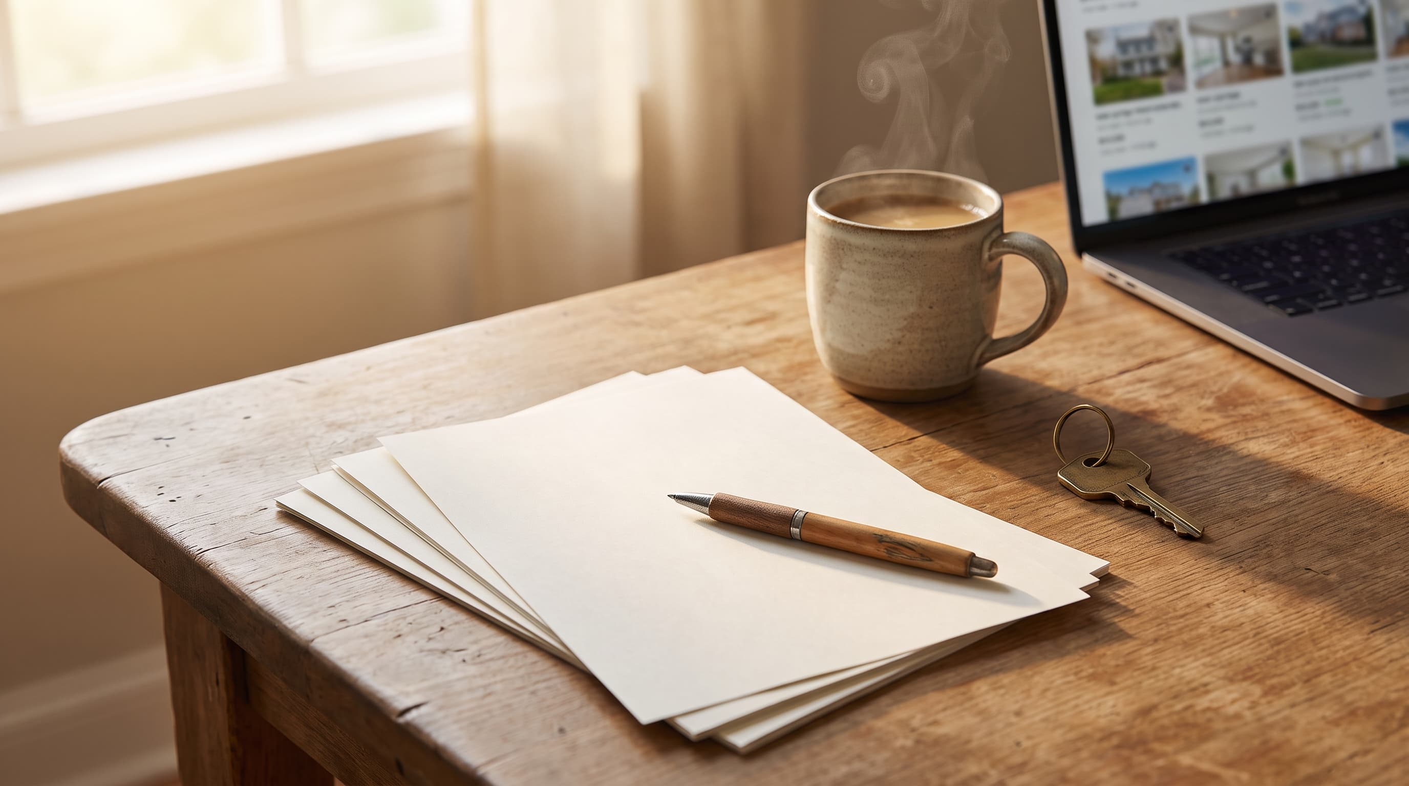 A pen rests across blank contract pages next to a house key, a steaming coffee mug, and the blurred edge of a laptop on a sunlit wood kitchen table.