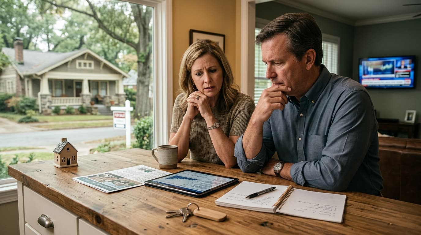 Photo of a Georgia home for sale with a mortgage rate chart overlay showing the 30-year fixed mortgage rate near 6.75%.