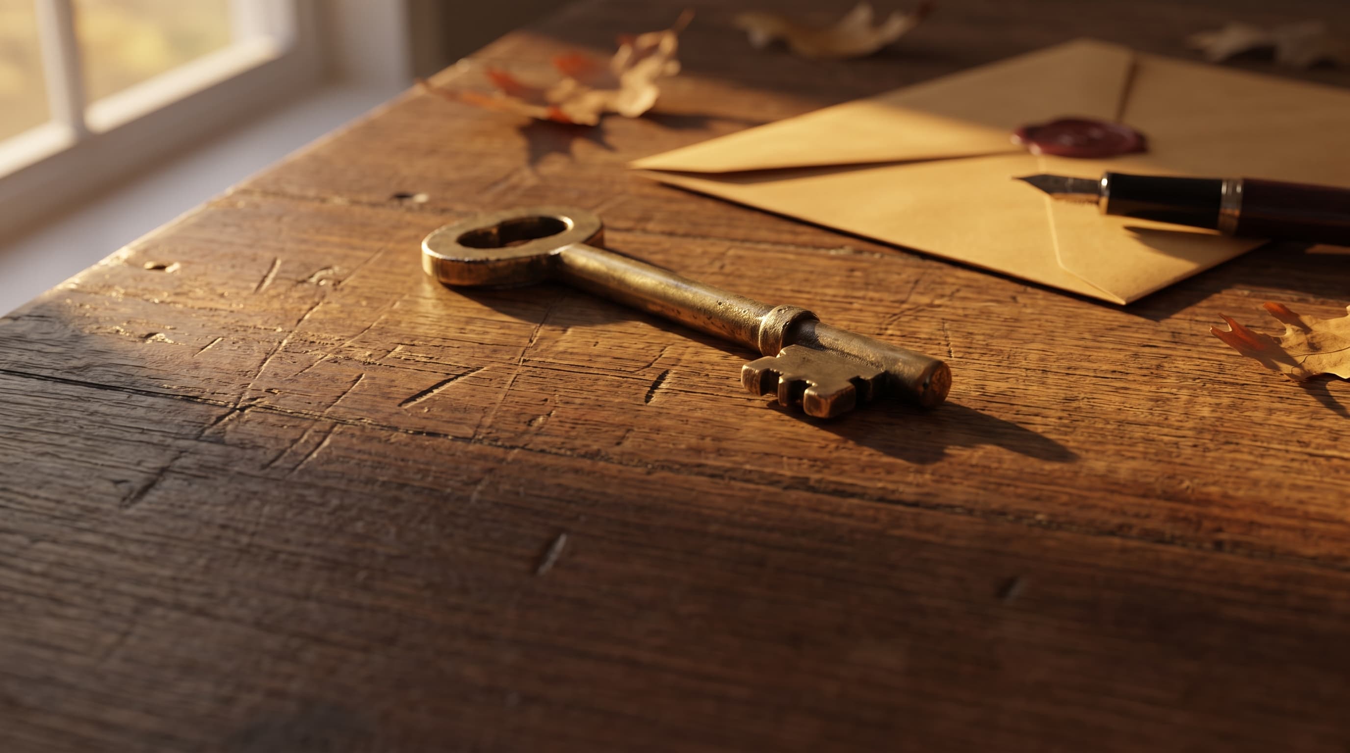 A brass house key resting beside a sealed envelope and a pen on a sunlit wood table