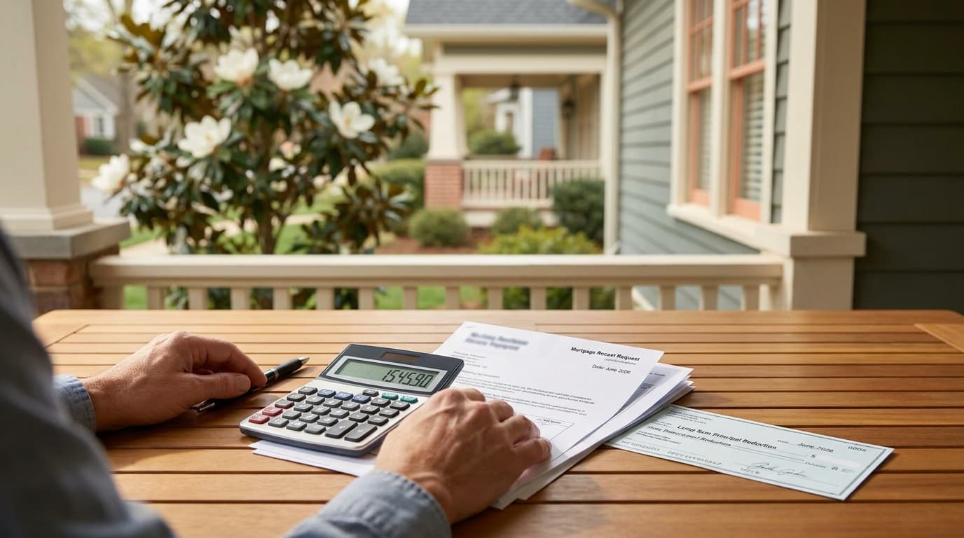 Georgia homeowner reviewing a mortgage recasting payment schedule with a lump-sum check and calculator on a kitchen table.