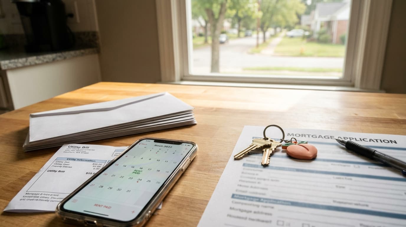 A Georgia renter checking VantageScore 4.0 results on a laptop next to rent and utility bills.