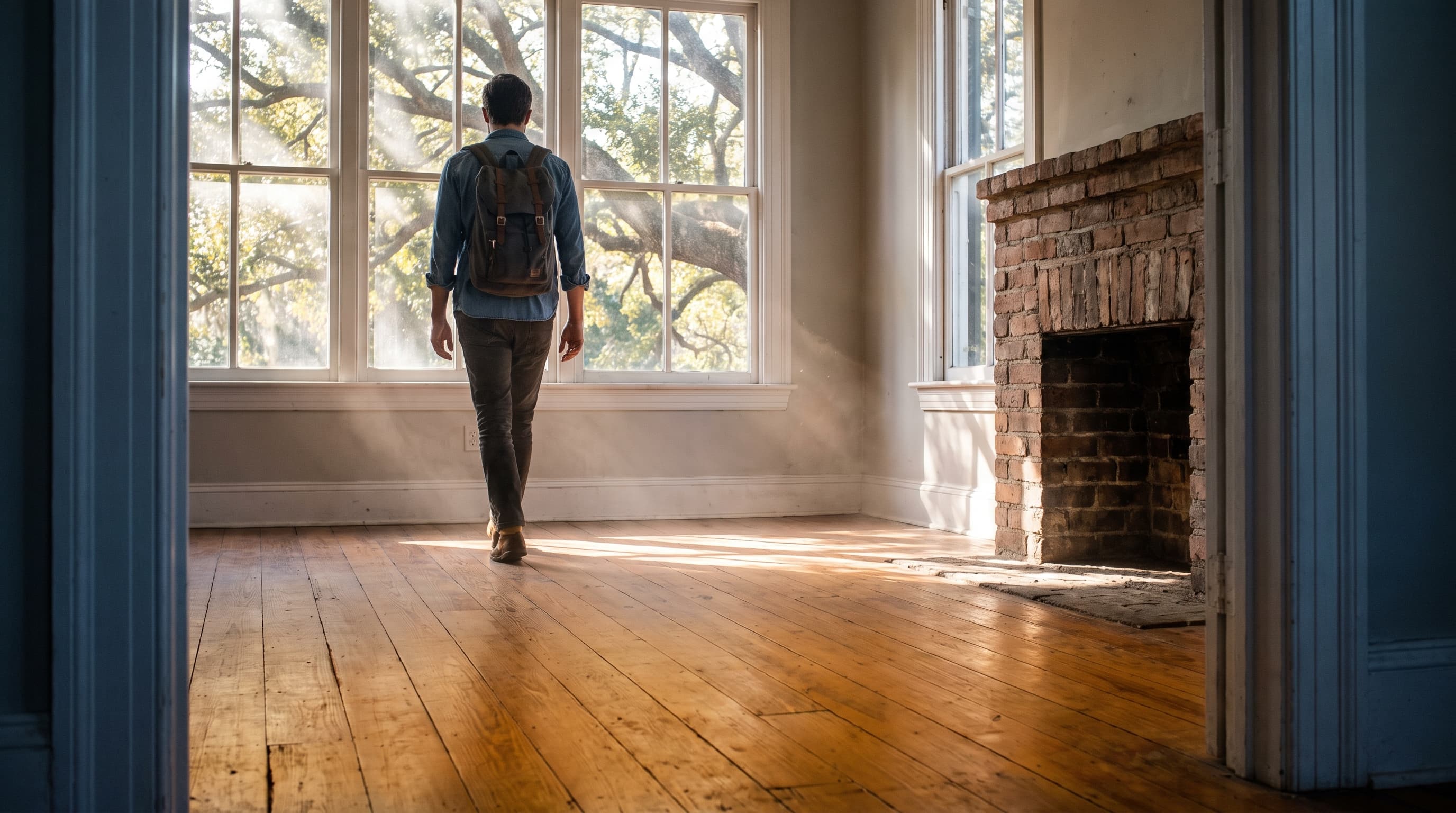 A person seen from behind walking through an empty, sunlit room with bare wood floors and tall windows in a Savannah home.