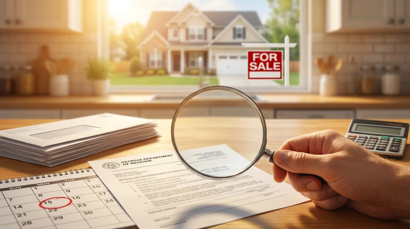 Georgia homeowner reading a redesigned Annual Notice of Assessment envelope, highlighting the 45-Day Clock to appeal.