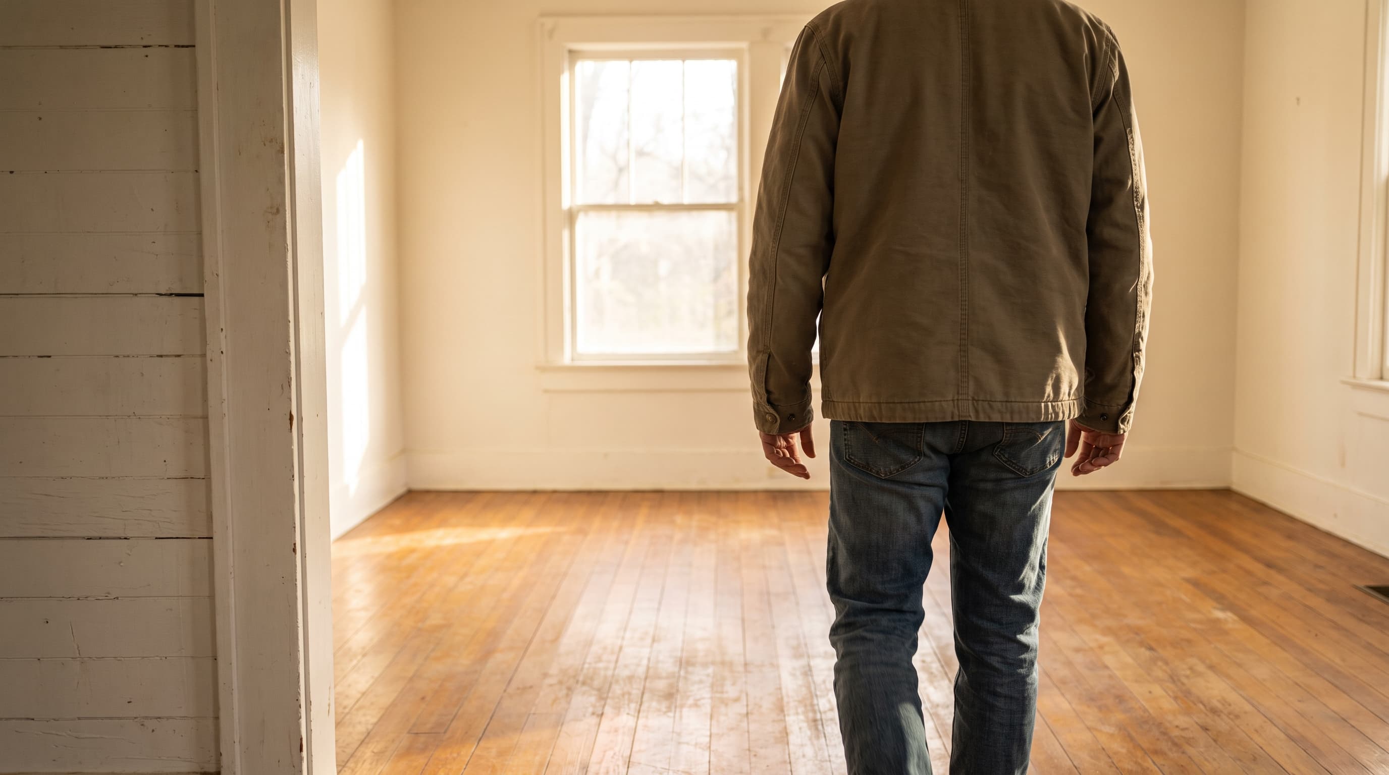 A person seen from behind walking through an empty, sunlit living room with honey-toned hardwood floors and a bare window ahead.