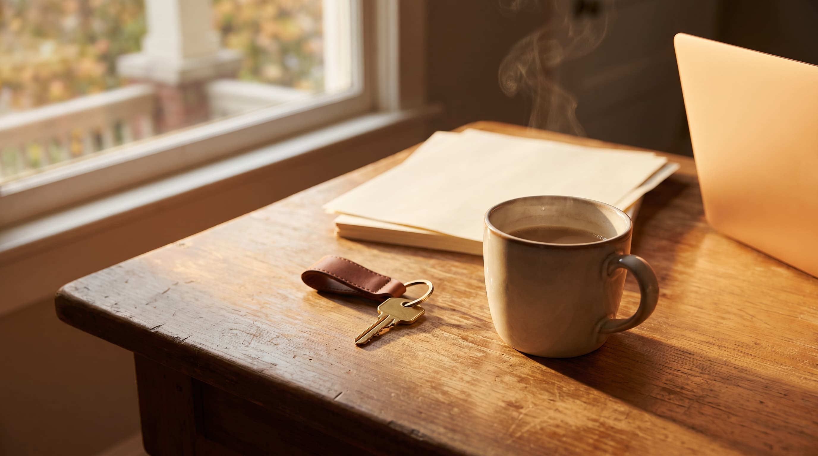 A house key and a mug of coffee sit on a kitchen table beside a blank stack of paperwork and the glowing edge of an open laptop, lit by morning sun.