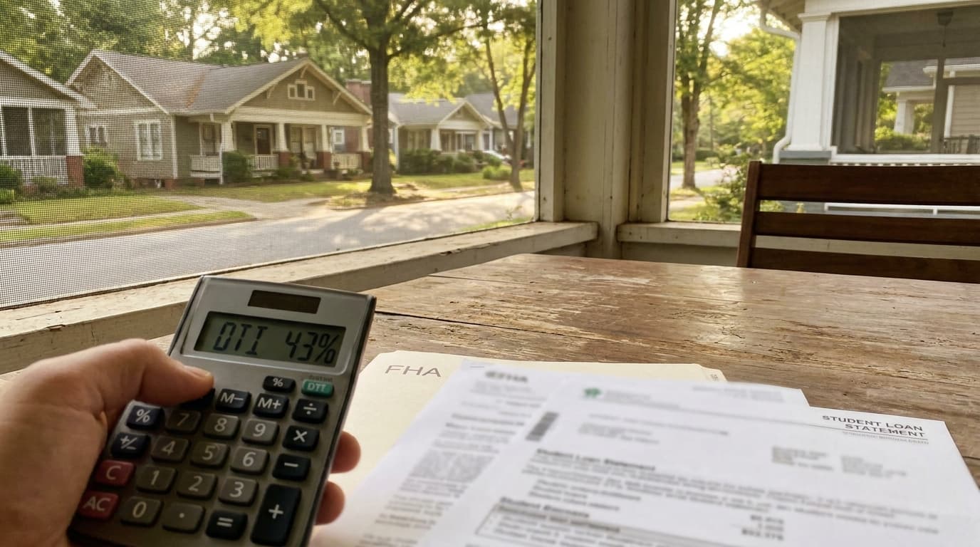 A Georgia home for sale beside a student loan bill, illustrating FHA qualification in 2026 for first-time buyers.