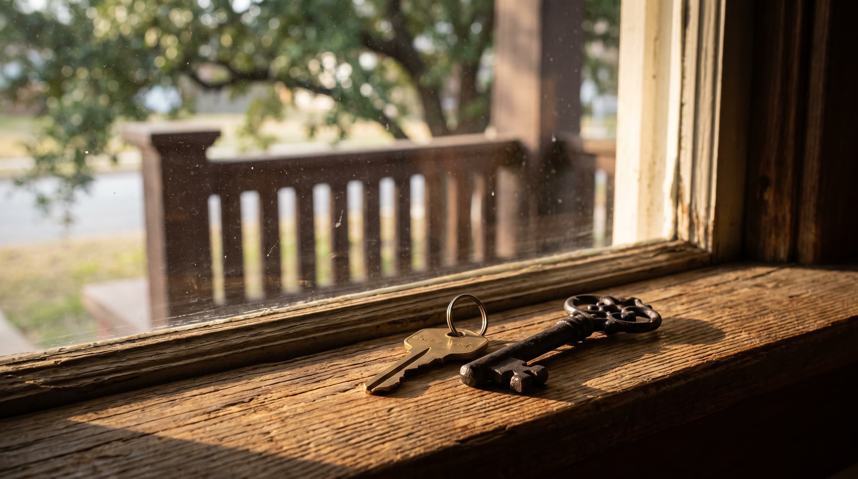 Two house keys, one modern and one older, resting on a sunlit wood windowsill with a porch softly visible through the glass behind them.