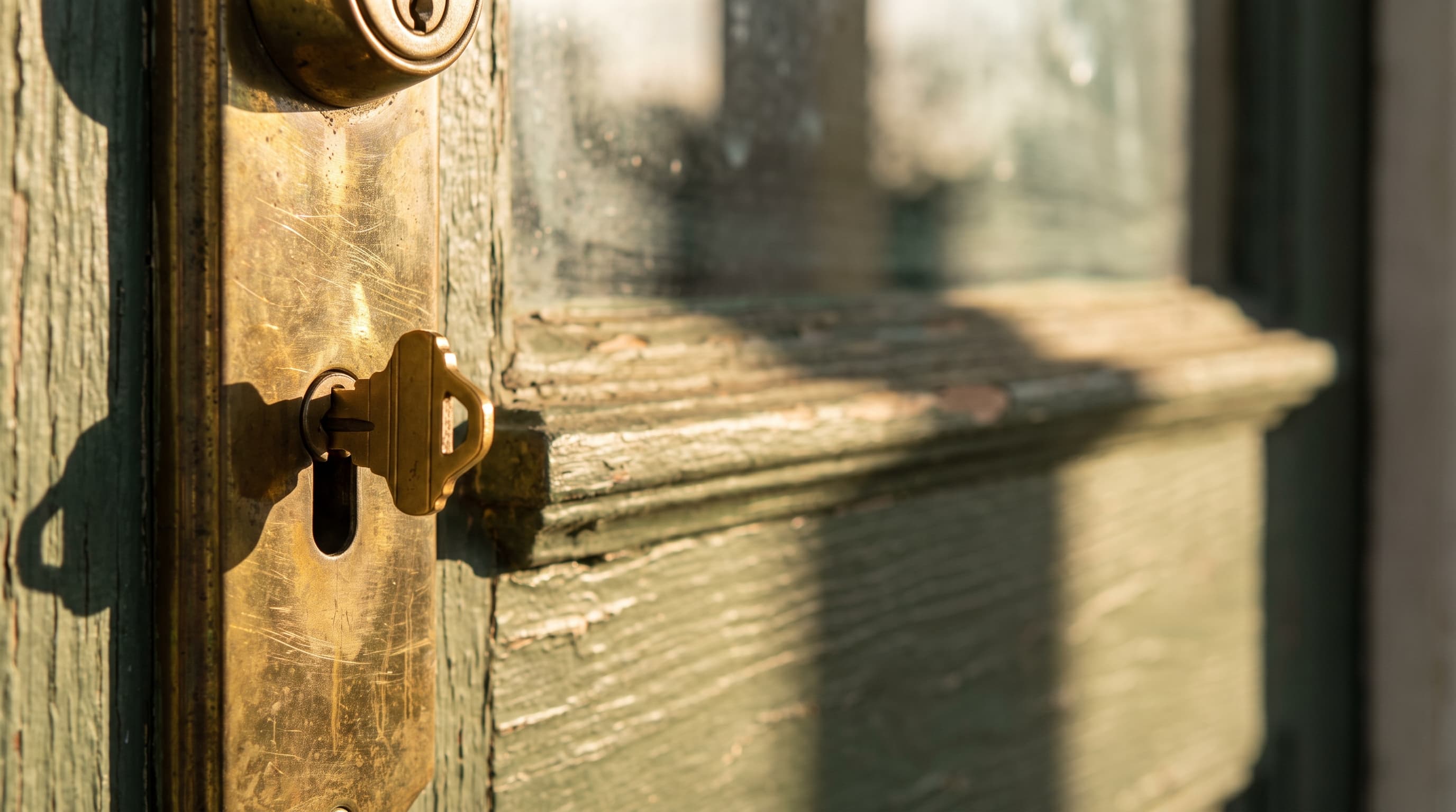 Close-up of a brass key turning in the lock of a Southern home's front door in warm morning light.