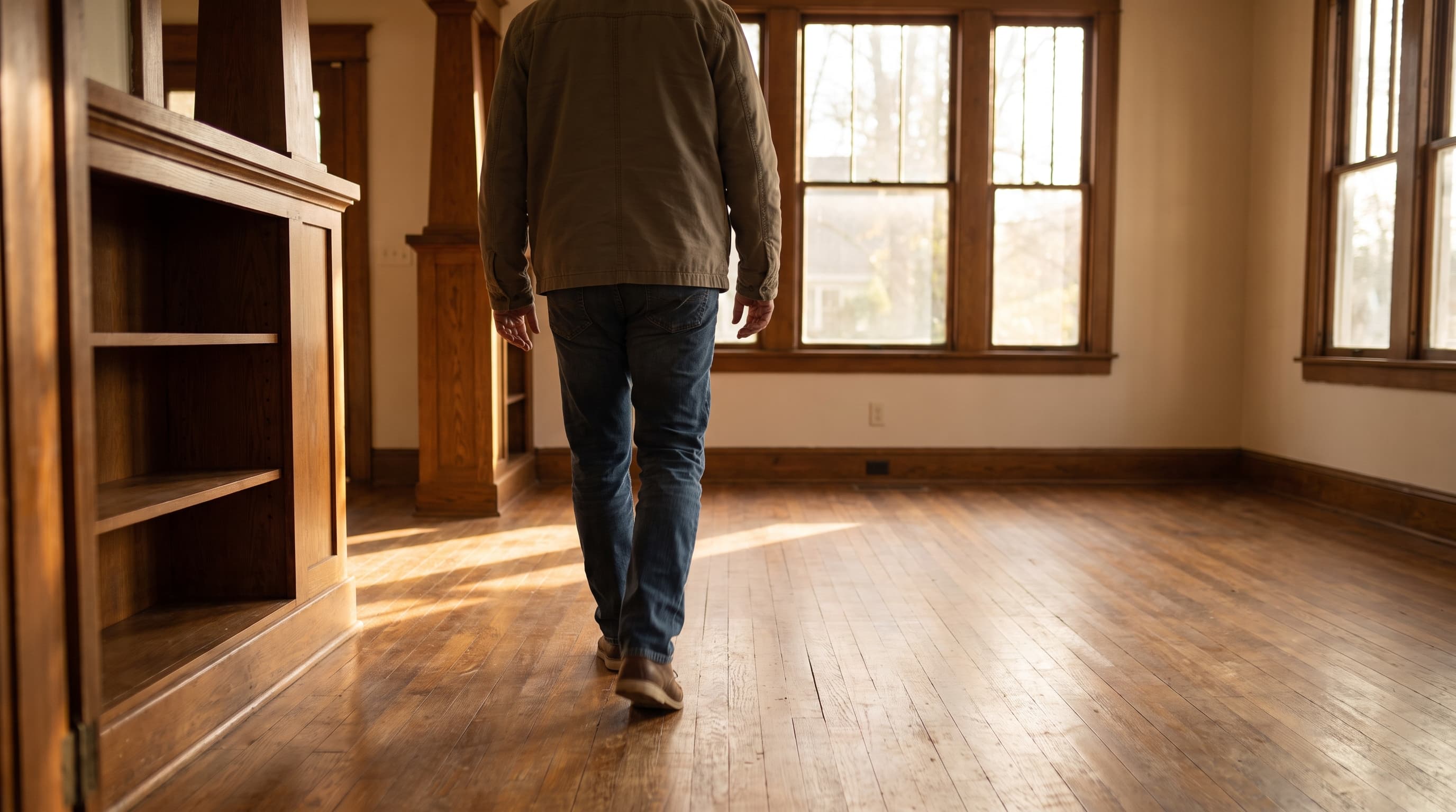 A homeowner viewed from behind walks through a sunlit, sparsely furnished living room with warm light crossing the hardwood floor.